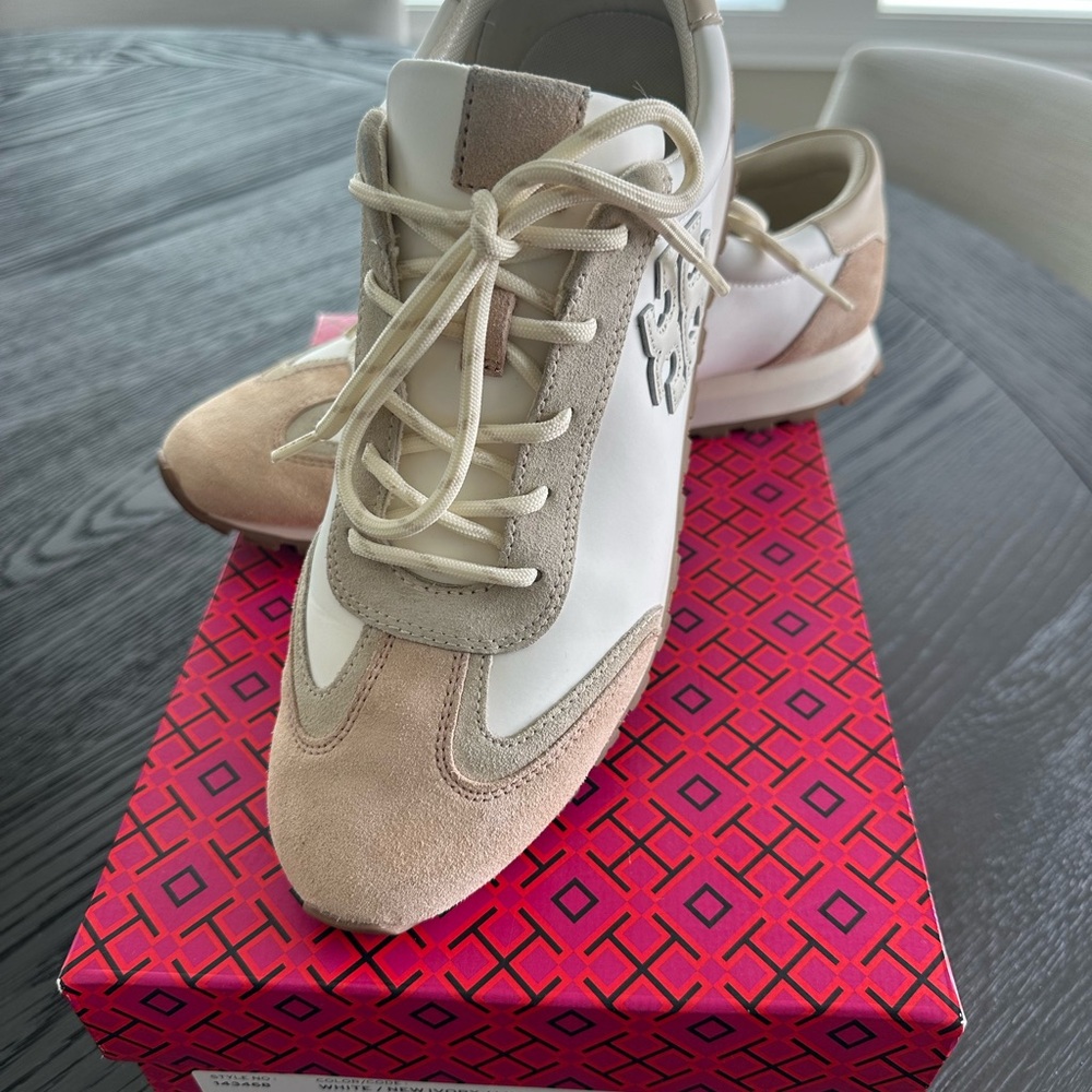 Tory Burch Vintage Nylon Tan and White Sneakers, size 10